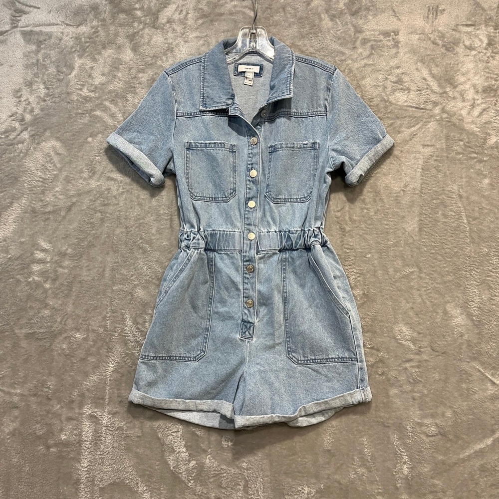 Forever 21 Denim Romper Womens Medium Light Wash Button Front Elastic Waist